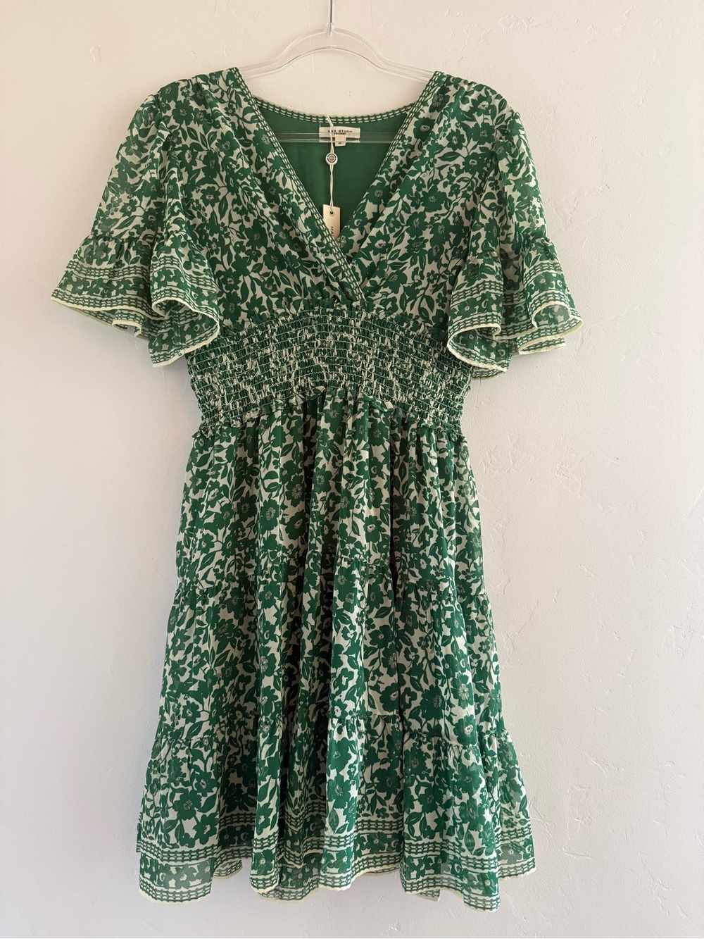 Max Studio NWT Green Floral Smocked Waist Tiered Midi Dress M
